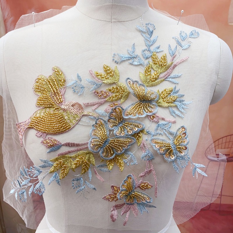 Embroidery Gold - Exquisite Gold Pink Metal Blue White