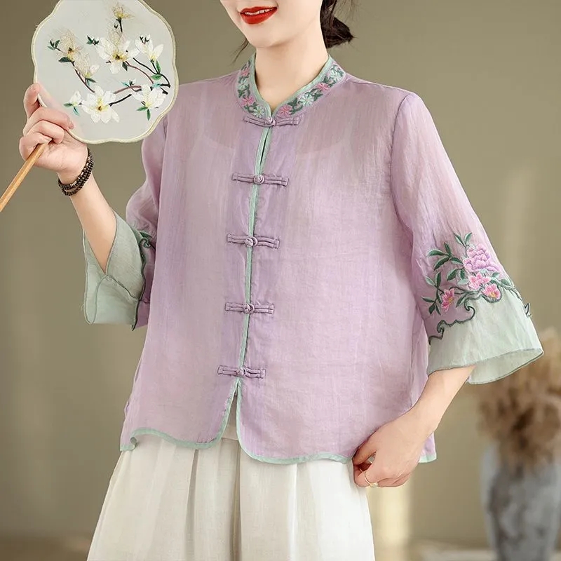 Summer Cotton And Hemp Art Ret - Embroidery Cardigan 评论和价格