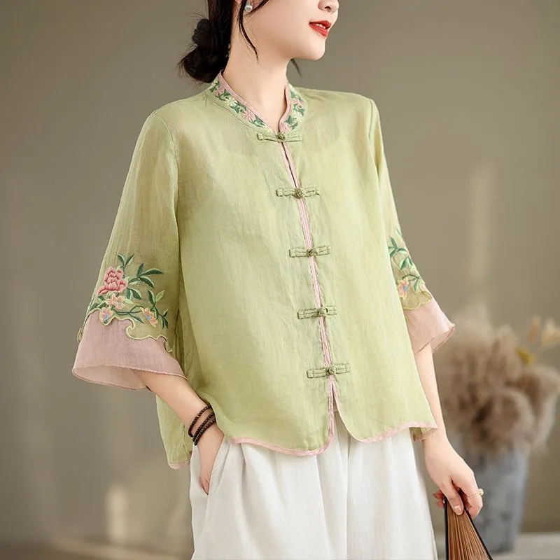 Summer Cotton And Hemp Art Ret - Embroidery Cardigan 评论和价格