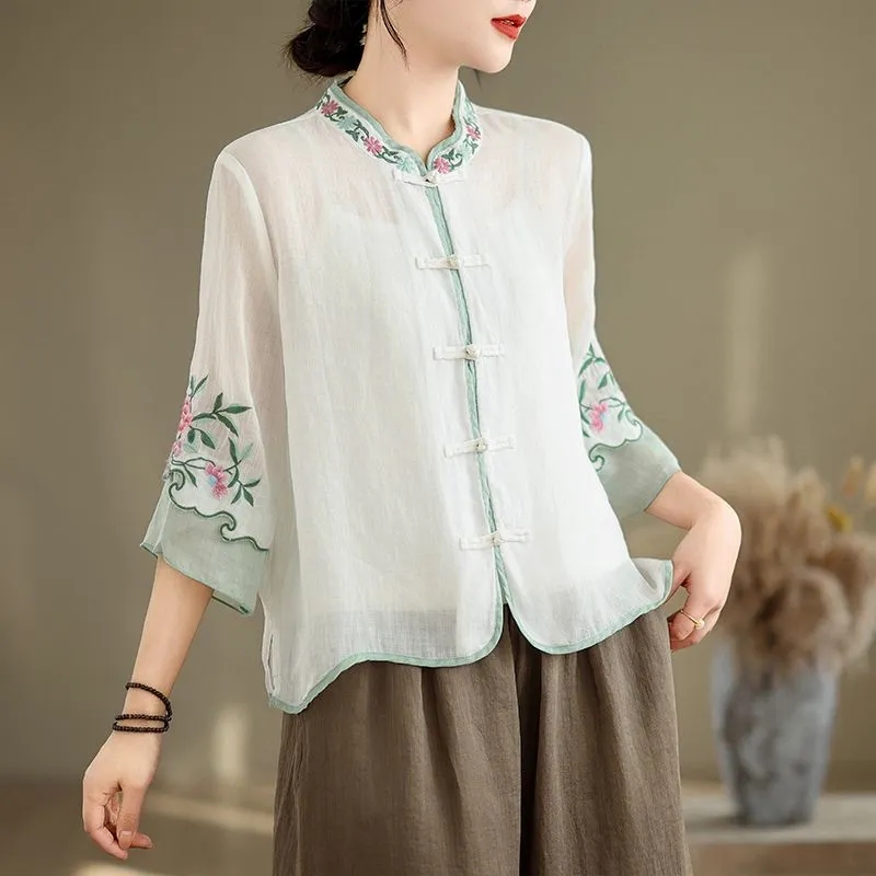 Summer Cotton And Hemp Art Ret - Embroidery Cardigan 评论和价格