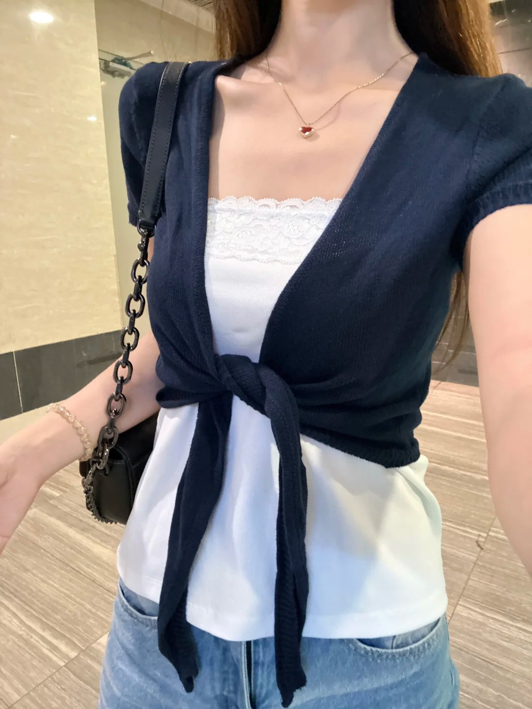 Navy Lace-up Cardigan Women Co - Embroidery Online 评论和价格
