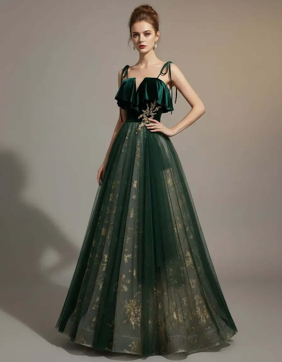Emerald Green Velvet Top Tulle - Embroidery Gold 评论和价格