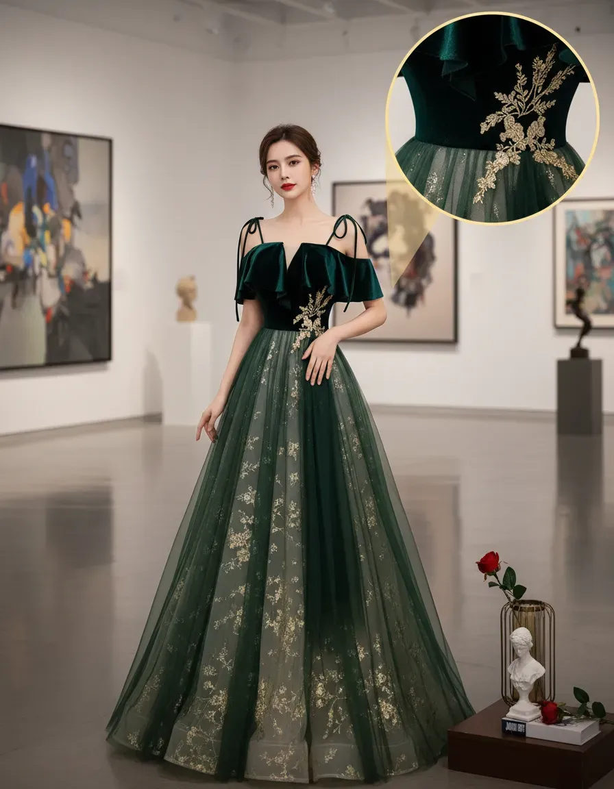 Emerald Green Velvet Top Tulle - Embroidery Gold 评论和价格