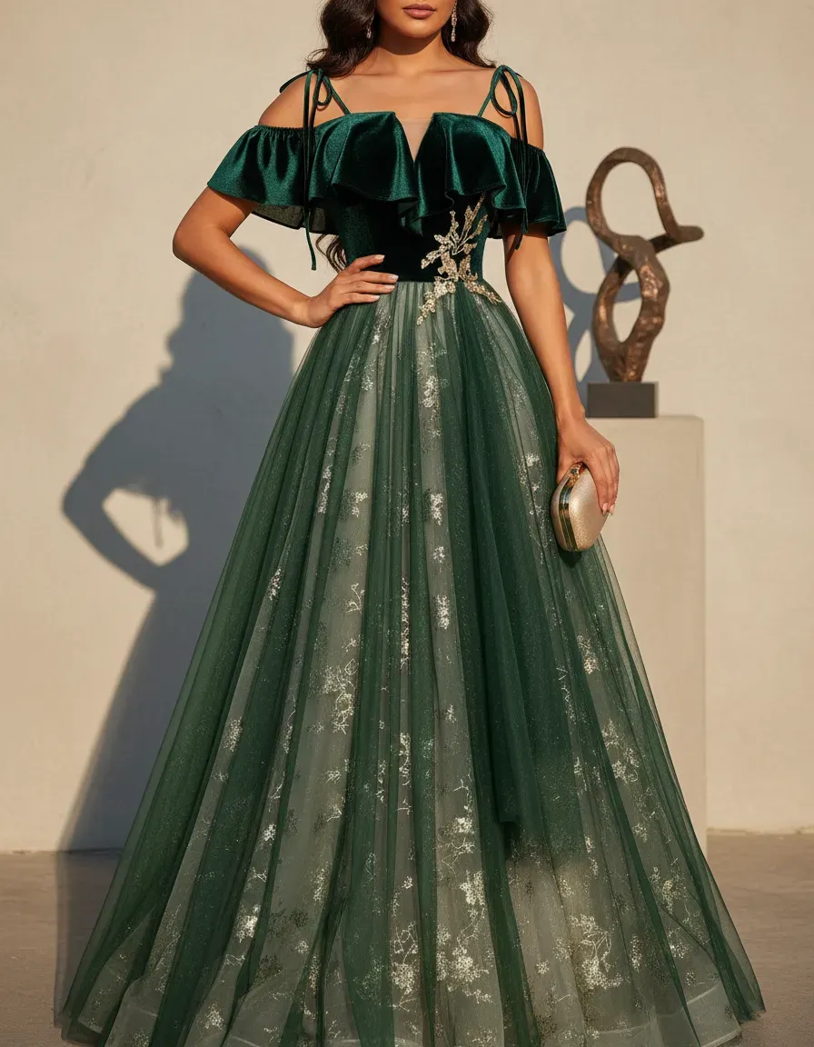 Emerald Green Velvet Top Tulle - Embroidery Gold 评论和价格