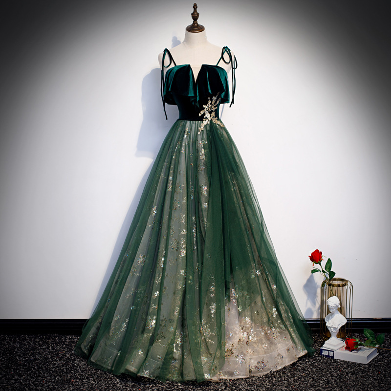 Emerald Green Velvet Top Tulle - Embroidery Gold 评论和价格