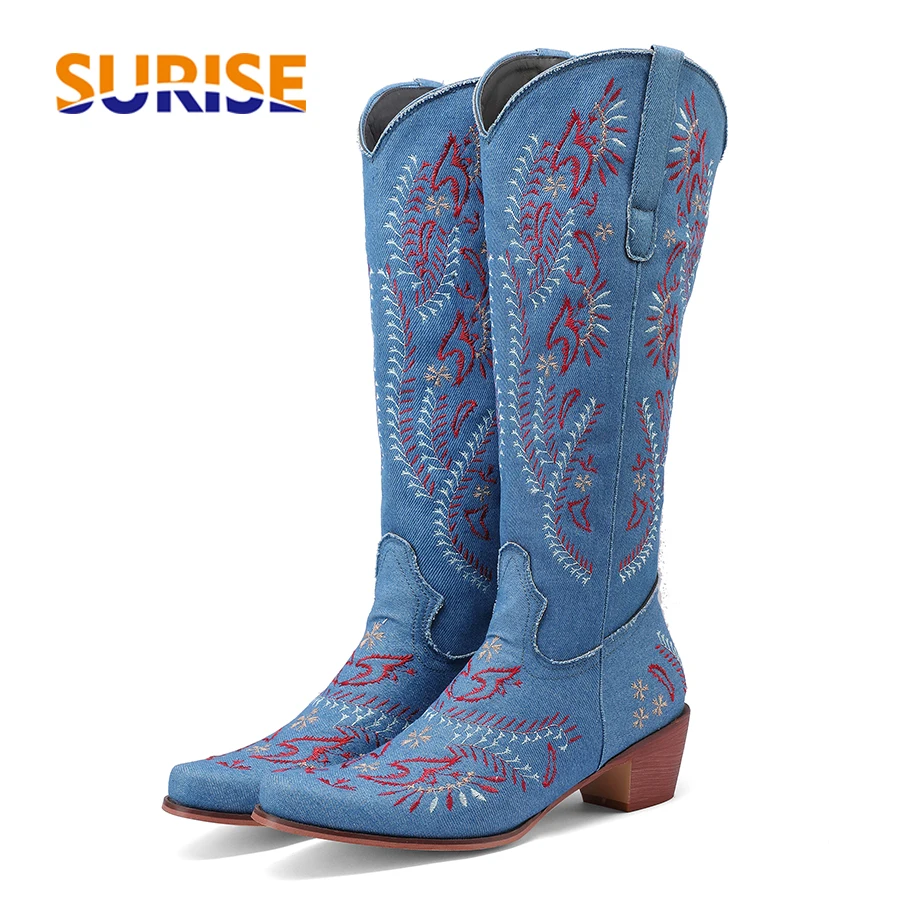 Blue Denim Western Cowgirl Kne - Embroidery Jeans 评论和价格