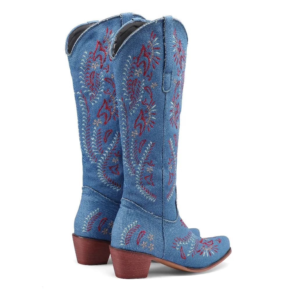 Blue Denim Western Cowgirl Kne - Embroidery Jeans 评论和价格