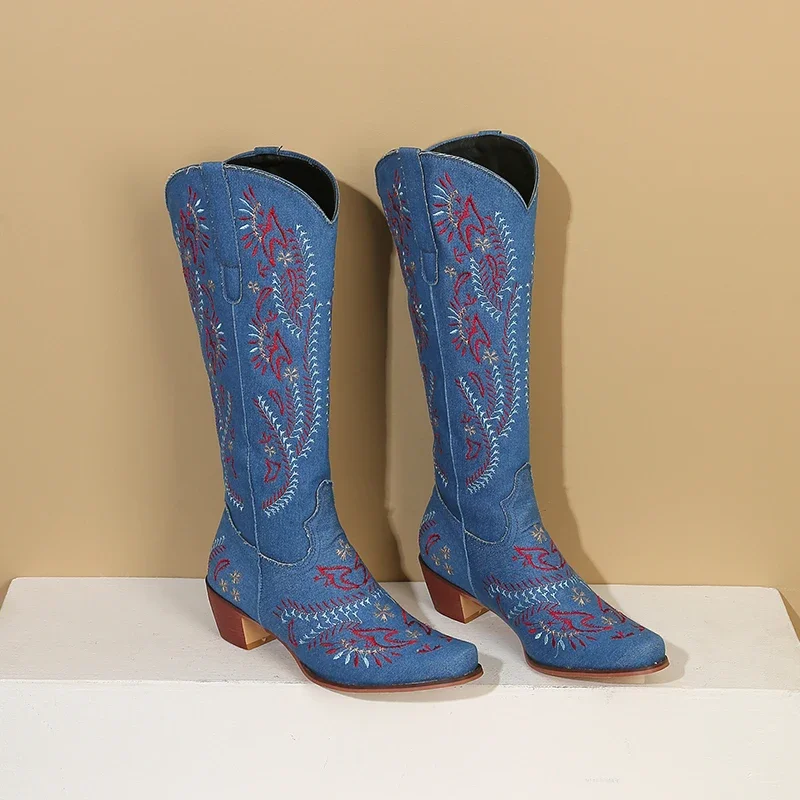 Blue Denim Western Cowgirl Kne - Embroidery Jeans 评论和价格