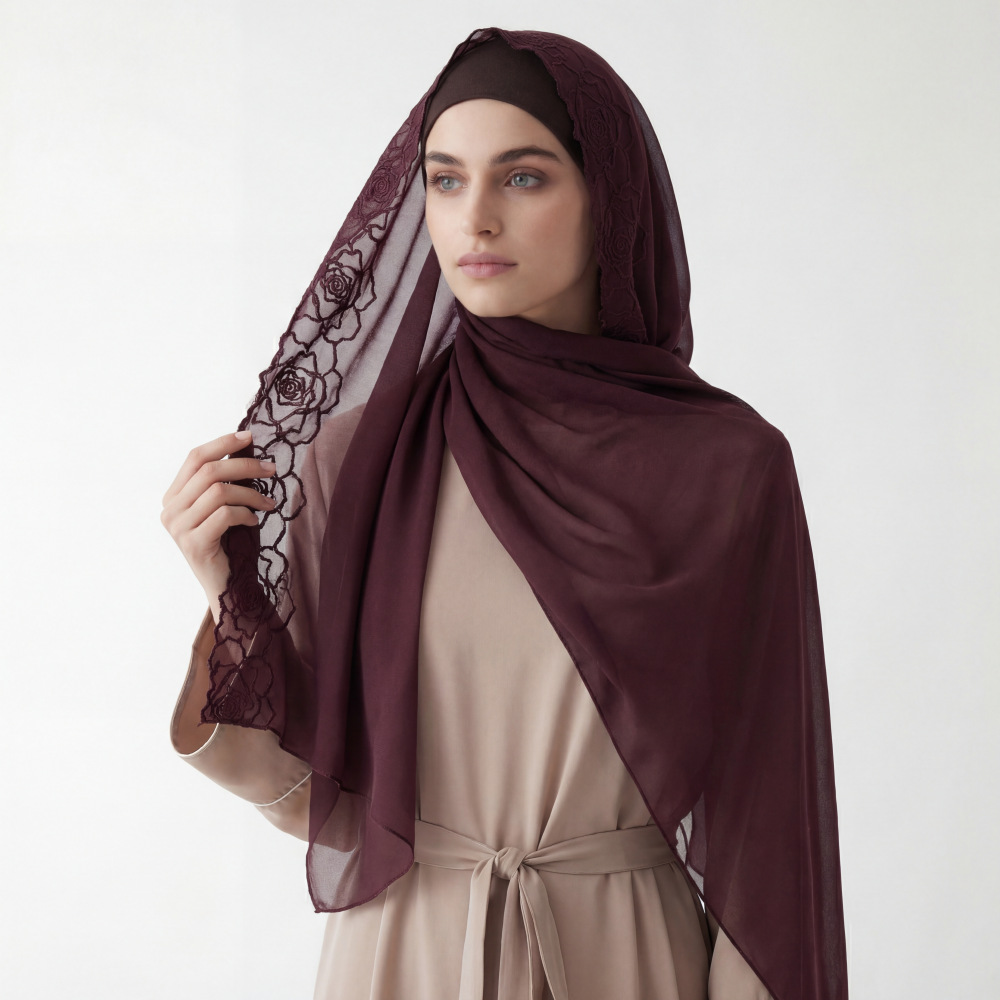 Purple Chiffon Hijab Shawls Wo - Embroidery Hijab 评论和价格
